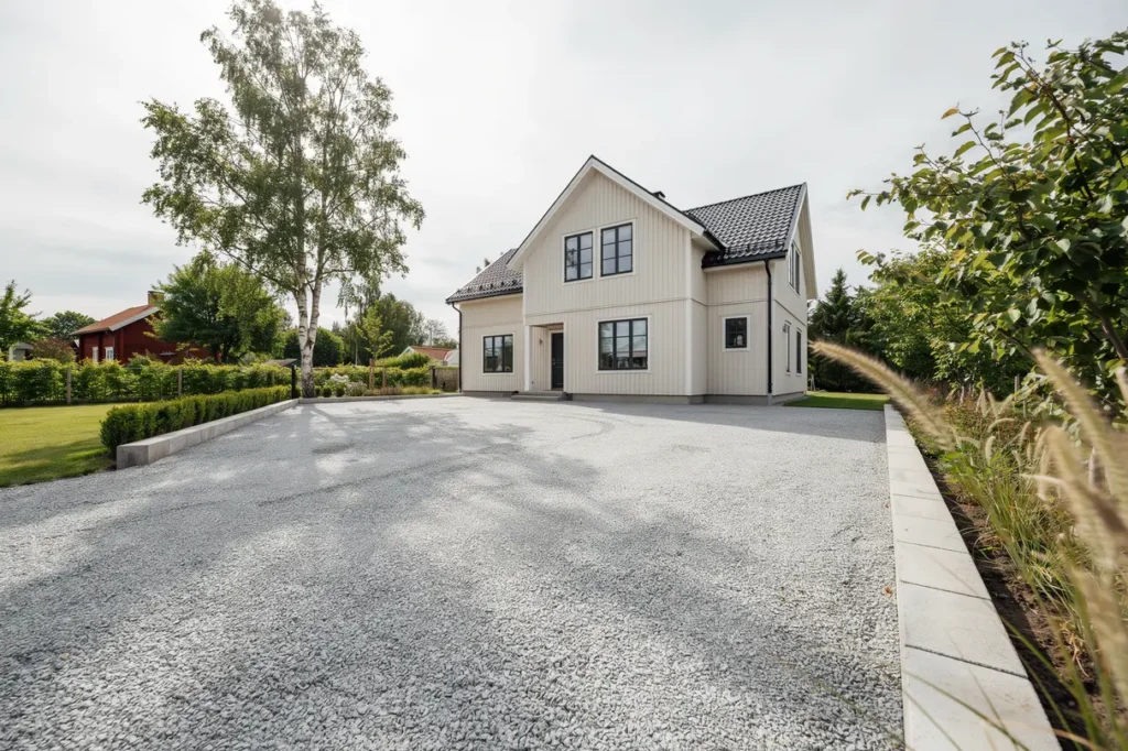 anl ggning av grusad uppfart och kantst d vid villa i bj rred