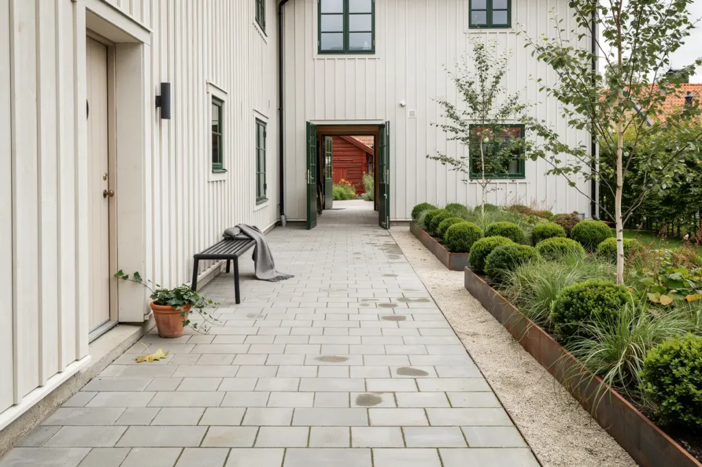 renovering av innerg rd med marksten och planteringsytor i alnarp